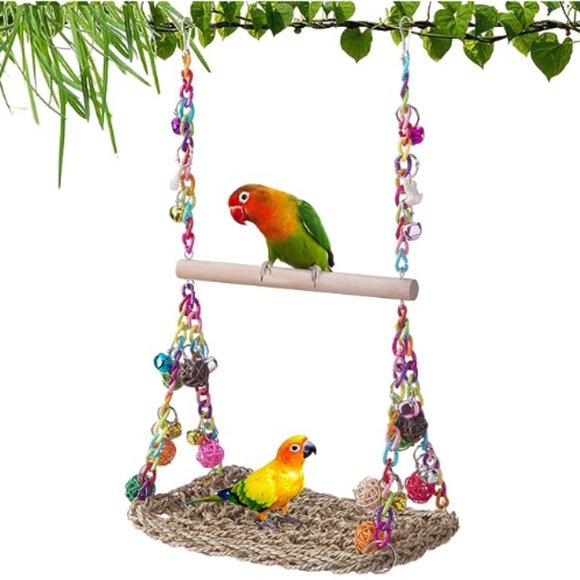 Woven-Seagrass Bird Hammock - Bird Swing Toys w/ Wood Perch - Picture 1 of 7